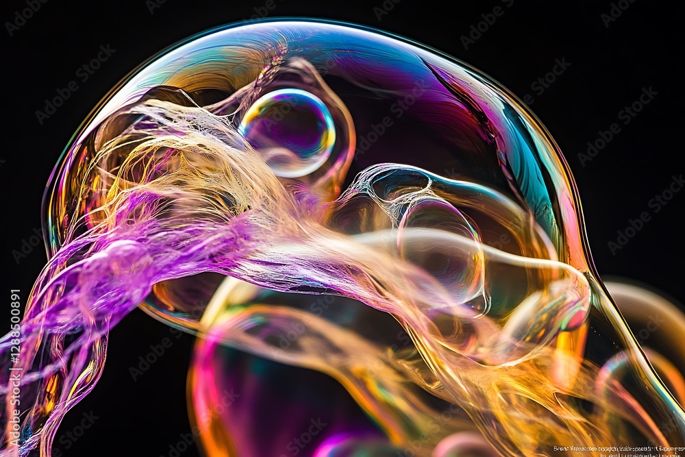Poster abstract iridescent soap bubble with colorful swirls and smaller bubbles inside, on black background