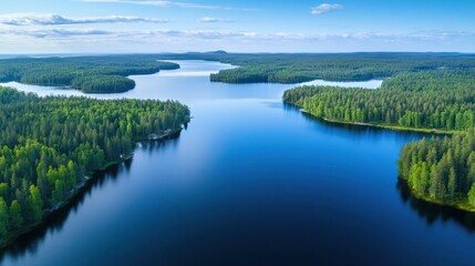 Obraz premium Aerial landscape of the lake and part of the green forest in a daylight.