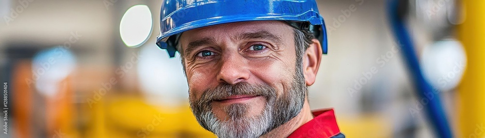 Poster man with helmet working in factory