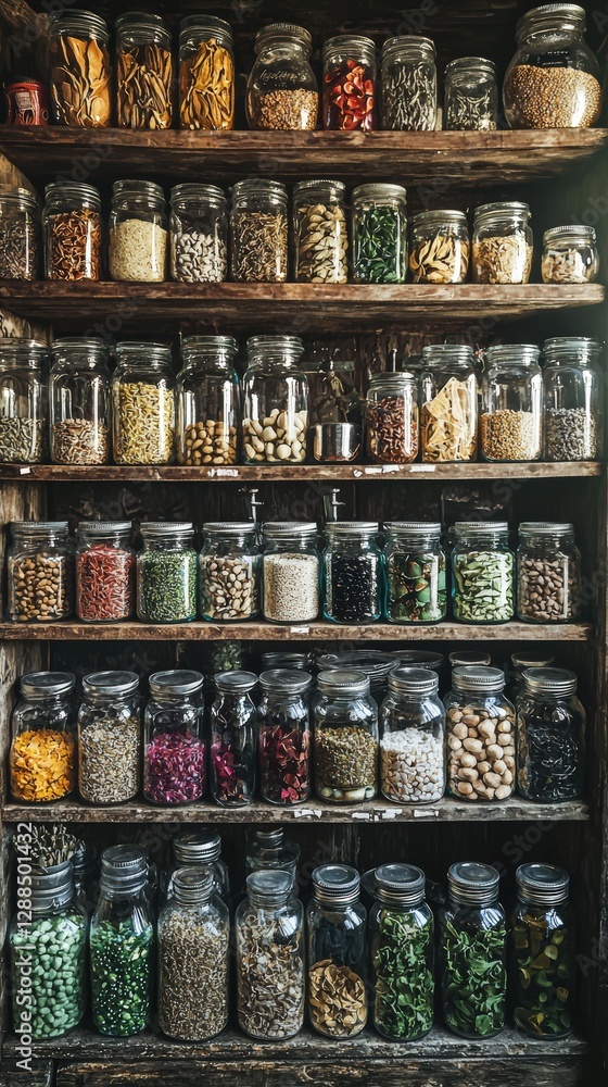 Poster a neatly arranged shelf overflowing with glass jars displaying an assortment of food items