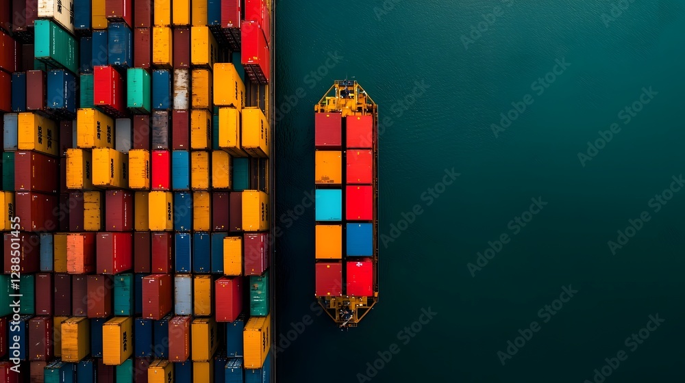 Poster aerial view of meticulous choreography in high tech port terminal with towering cranes lifting and a