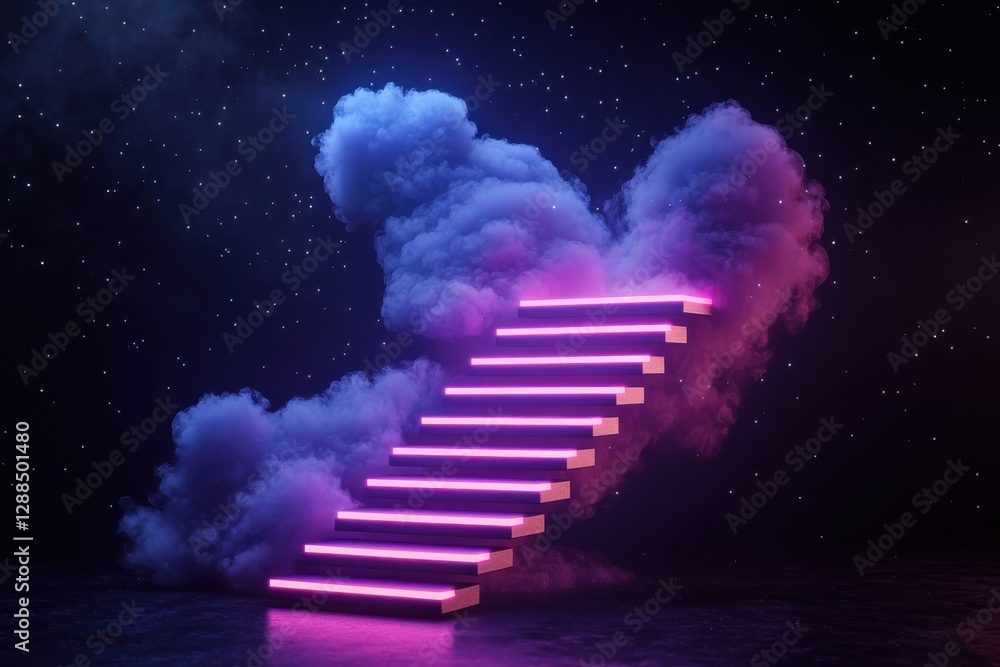 Poster a surreal staircase illuminated by neon lights, surrounded by colorful clouds against a starry backg