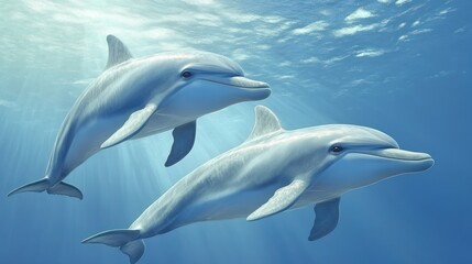Fototapeta premium Two dolphins swimming, ocean sunlight, underwater scene, marine life poster