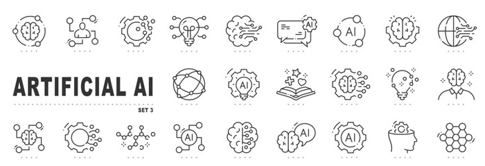 Set of AI related line icons. Artificial, tech, intelligence; brain; mind etc. Editable stroke. Set 3