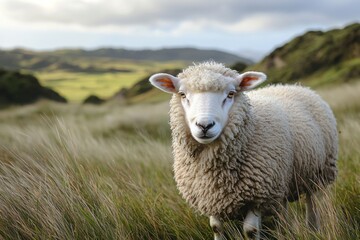 Obraz premium Sheep stands in tall grass field, rolling hills background, overcast sky