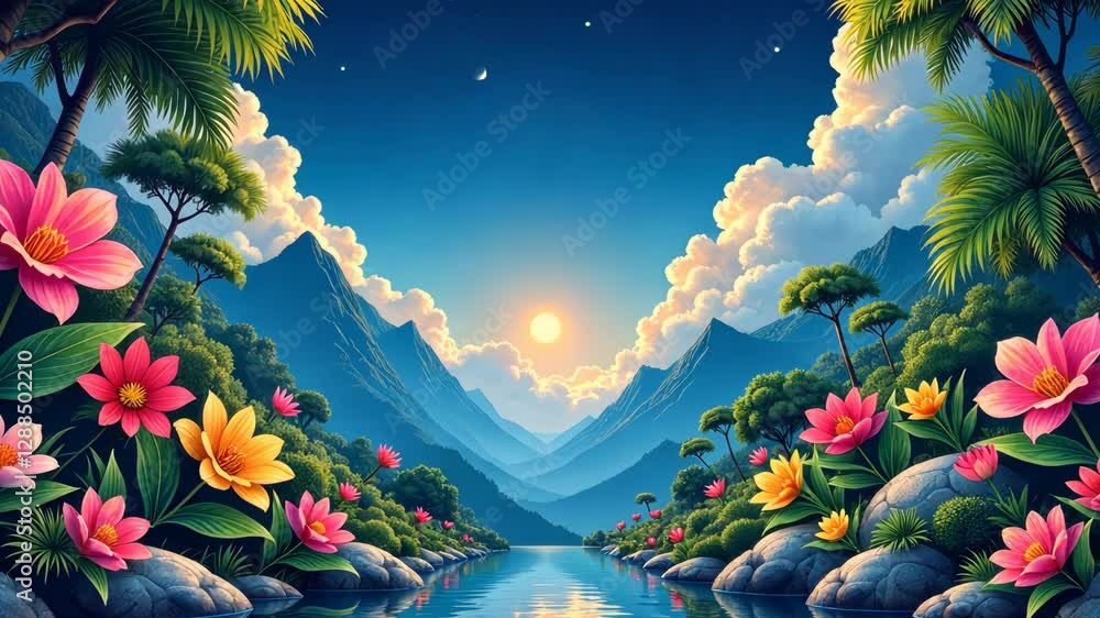 Poster a beautiful landscape with a large moon in the sky. the moon is surrounded by stars. the sky is blue