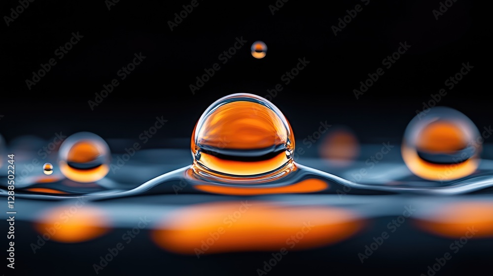 Poster Orange water drops creating a big bubble on dark background