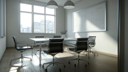 Modern office conference room, sunlight, city view, whiteboard, meeting preparation
