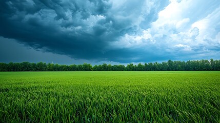 Obraz premium Stormy sky over green field; dramatic nature landscape; background for weather reports
