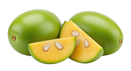 Unripe Mango Still Life Green Fruit Slices on Black Background