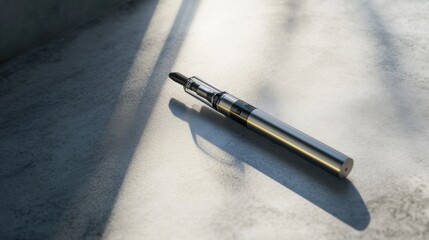 Vaping device on a smooth concrete desk with a metallic pen. Featuring modern design and sleek minimalism