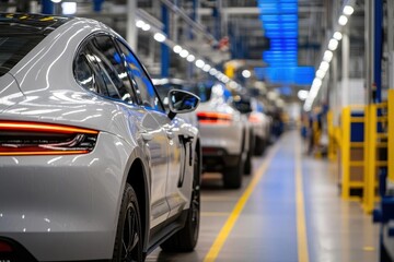 Modern industrial warehouse with advanced equipment for automotive production, bustling with activity, under bright blue lights