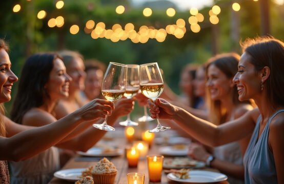 Group of happy women toasting wine glasses at dinner outdoor. Friends celebrate special occasion in vineyard garden, enjoy social gathering, summer party with drinks, appetizers. Leisure time,