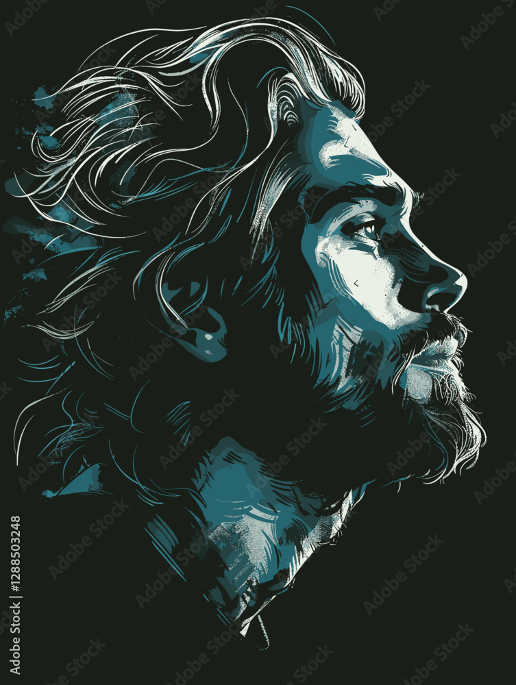 Poster man with a beard and long hair is shown in a blue and black color scheme. the image has a moody and 