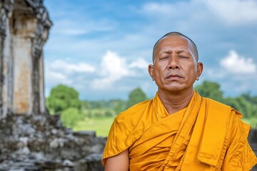 Fototapeta premium Monje budista rezando en las ruinas de un antiguo templo