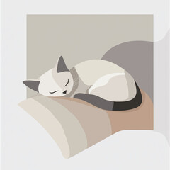 Minimalist illustration of a cat sleeping on a windowsill.