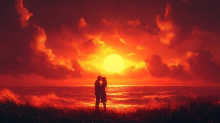 Obraz premium couple embracing under glowing sunset on cliff with ocean waves crashing