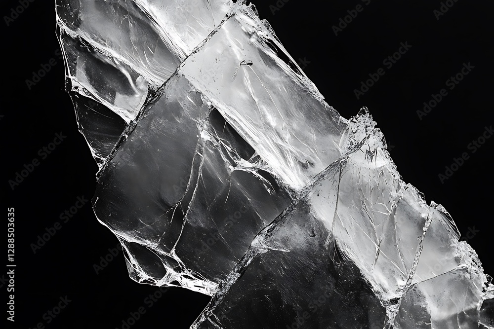 Poster abstract monochrome close-up of translucent, fractured crystal formations against a black background
