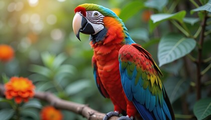Obraz premium Vibrant parrot perched on branch in lush jungle, symbol of tropical wildlife