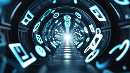 A mesmerizing digital tunnel is illuminated by vibrant blue icons representing various technological elements. The tunnel creates an immersive atmosphere, inviting exploration