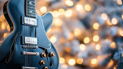 Fototapeta premium Blue guitar, Christmas lights, holiday music, festive background, website banner