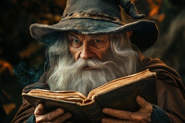 wise old wizard deeply engrossed in an ancient magical tome, generative AI