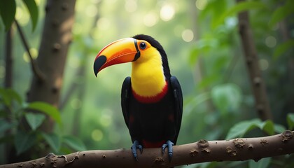 Fototapeta premium Vibrant toucan perched on branch in lush green forest, symbol of tropical wildlife