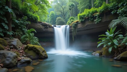 Fototapeta premium Serene waterfall cascading in lush green forest, perfect for nature relaxation themes