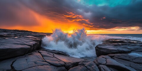 Fototapeta premium Golden sunlight on coastal rocks scenic waves and beach serenity photography