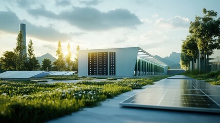 Modern Eco Friendly Data Center Building With Solar Panels