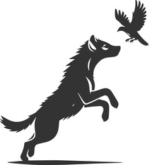 A hyena jumping into the air, trying to catch a bird vector animal silhouette