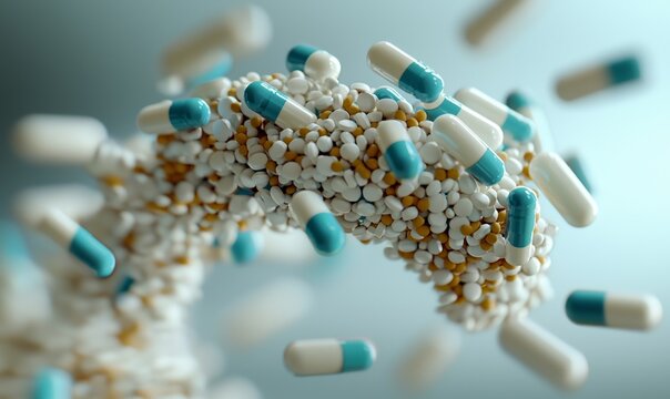 A collection of antibiotic capsules in free fall, set against a healthcare and medical themed 3D illustration backdrop