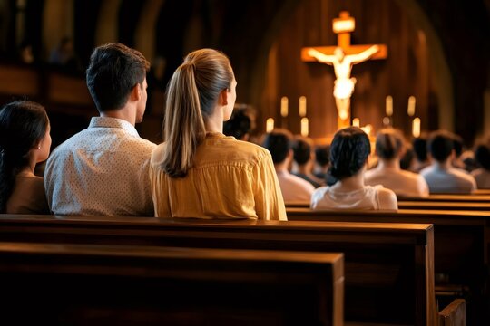 Congregation attending sunday mass in church, praying to jesus christ on cross