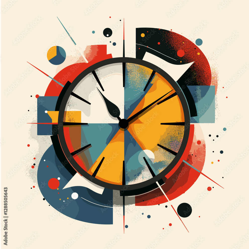Poster colorful clock with the hands at the numbers 3 and 5. the clock is surrounded by circles and squares