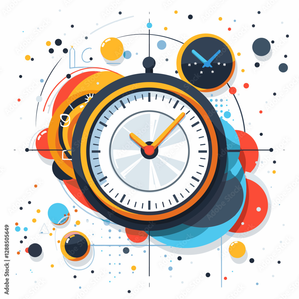 Poster colorful clock with the hands at the numbers 3 and 9. the clock is surrounded by a colorful backgrou