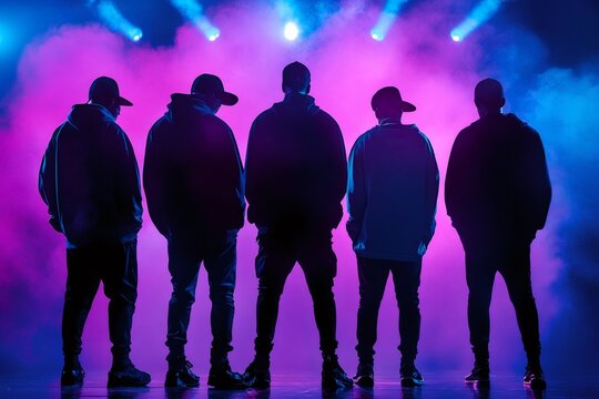 Group of rappers standing on stage with purple and blue backlights