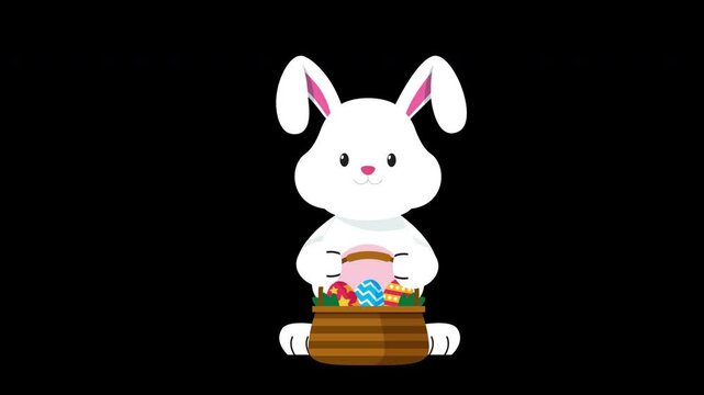 Looped 2D animation of an Easter bunny jumping and dropping a basket of eggs on a transparent background with an alpha channel.