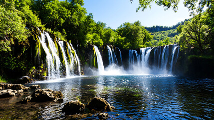 Fototapeta premium A beautiful waterfall surrounded by trees and rocks. generated using AI