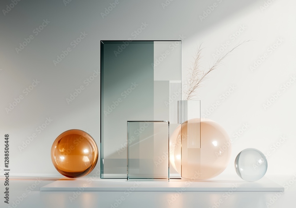 Poster realistic 3d primitives are composed in a dynamic arrangement, with flying shapes isolated on a whit