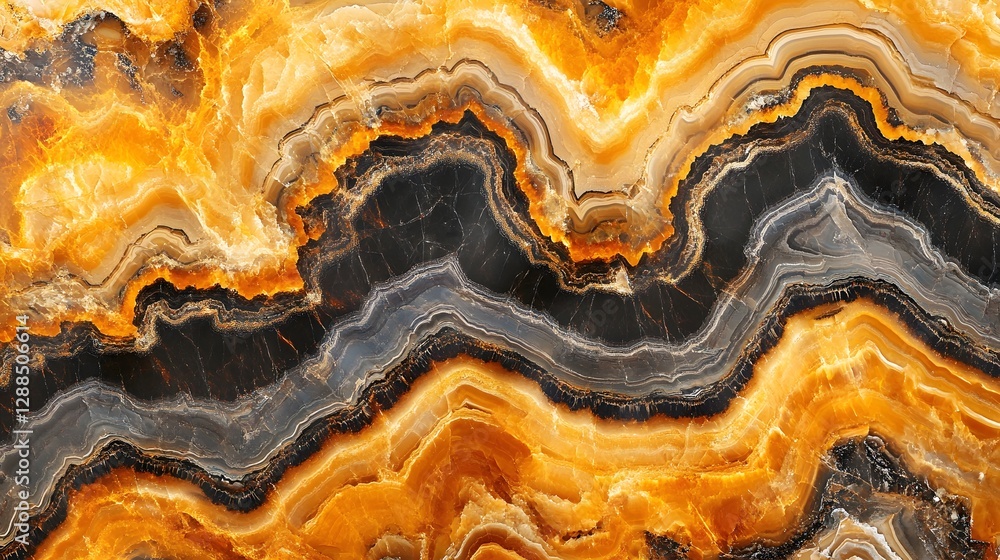 Poster Stunning vibrant orange and black geode crystal mineral textured natural background  Close up detailed view of the intricate fractal like patterns and structures within a geological crystal formation