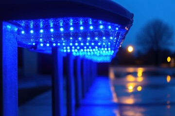 Self service car wash stalls illuminated by blue lights during early evening hours. Generative AI