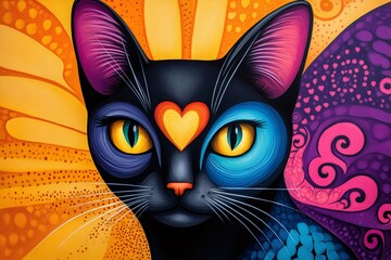 Colorful cat painting showing love and affection with psychedelic colors