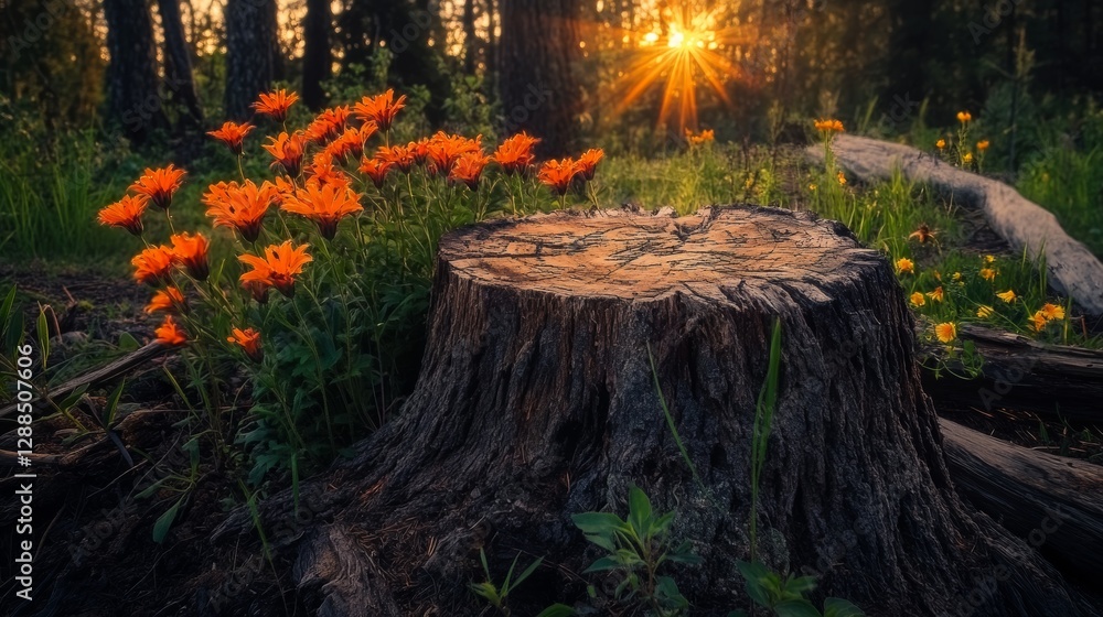 Poster tree stump surrounded by orange flowers in a forest at sunset, sunbeams shining through the trees. n