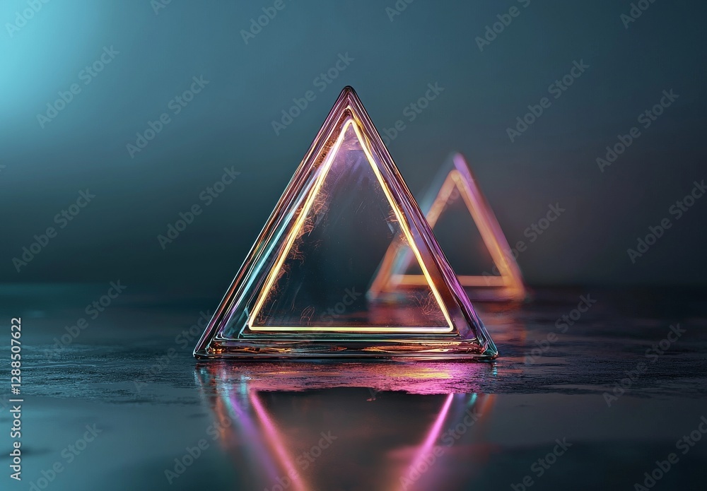 Aufkleber a 3d rendering features a pink and blue neon abstract background illuminated by a glowing triangle, 