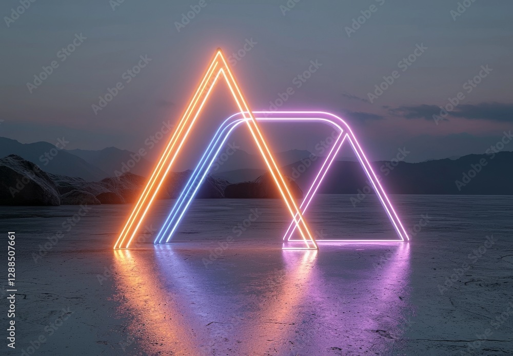 Poster the background is a pink and blue neon abstract design with a glowing triangle, set against a 3d ren