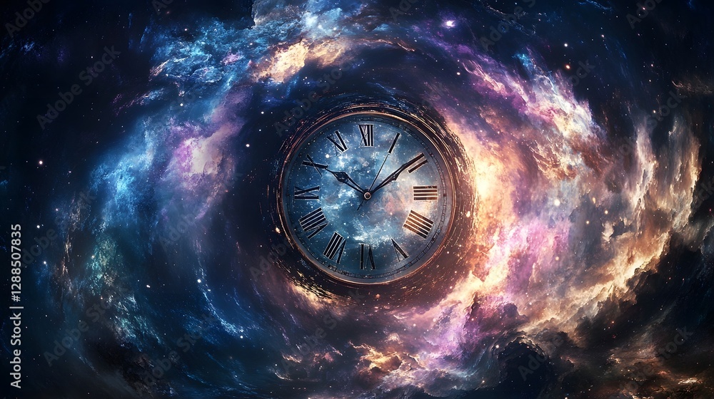 Aufkleber Surreal and captivating digital artwork depicting a cosmic clock explosion within a mesmerizing multicolored nebula universe  The image evokes a sense of mysticism power