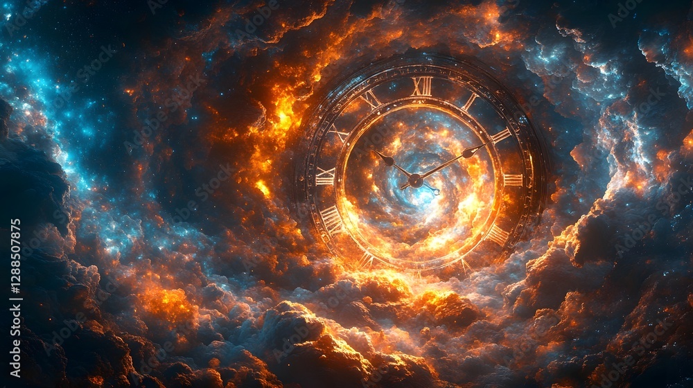 Aufkleber Surreal and dramatic cosmic time vortex with a glowing abstract nebula and swirling fiery energetic elements against a dark atmospheric space background