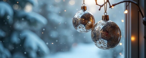 Silver and bronze ornaments hanging from a frosty window, hangings, silver