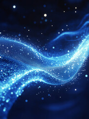 Blue abstract background of depiction of a cosmic or ethereal scene, characterized by a flowing, shimmering texture and a deep blue color palette. 