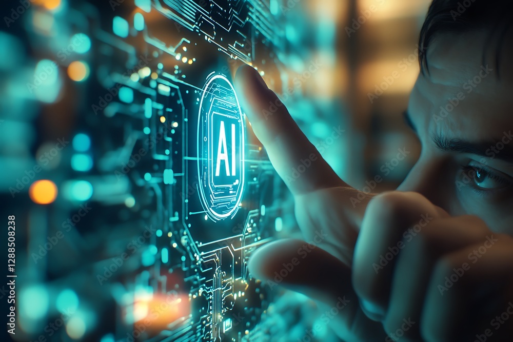 Aufkleber man interacting with ai interface, futuristic technology
